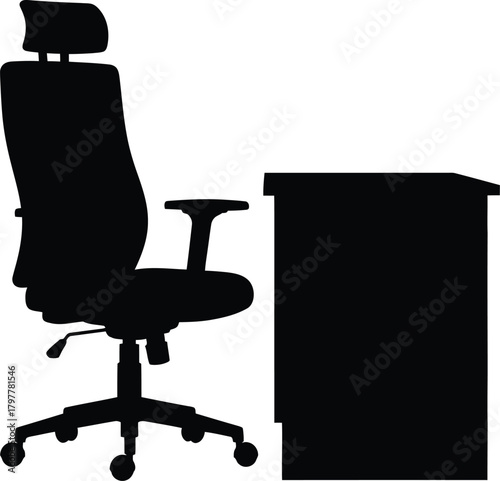 Silhouette of an ergonomic office chair next to a modern reception desk
