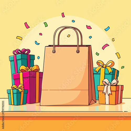 A collection of vibrantly wrapped gifts and a stylish shopping bag creating a celebratory atmosphere