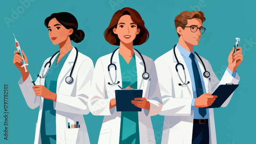 A collection of hospital doctor characters, with cartoon hand-drawn vector illustrations