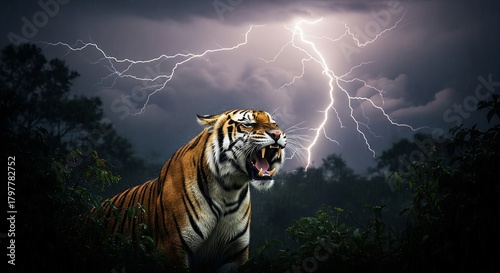 A beautiful striped predator tiger with glowing eyes stalks in the night, basking in the sun, and leaping in the sky as a majestic wildlife feline