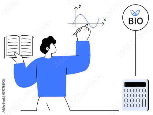 Individual holding an open book, drawing a graph with x and y axes, bioconcept icon, and calculator. Ideal for education, science, biology, data analysis learning calculation knowledge. Simple