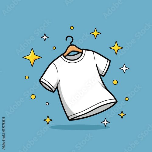 Sparkling clean white t-shirt on a hanger surrounded by stars and sparkles a symbol of freshness and new beginnings