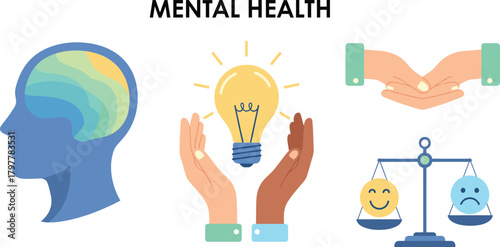 Mental health support illustration showing brain, balance emotions, caring hands, and creative idea for wellbeing awareness