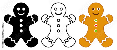 Gingerbread man. Christmas icon set in silhouette, linear and colored versions