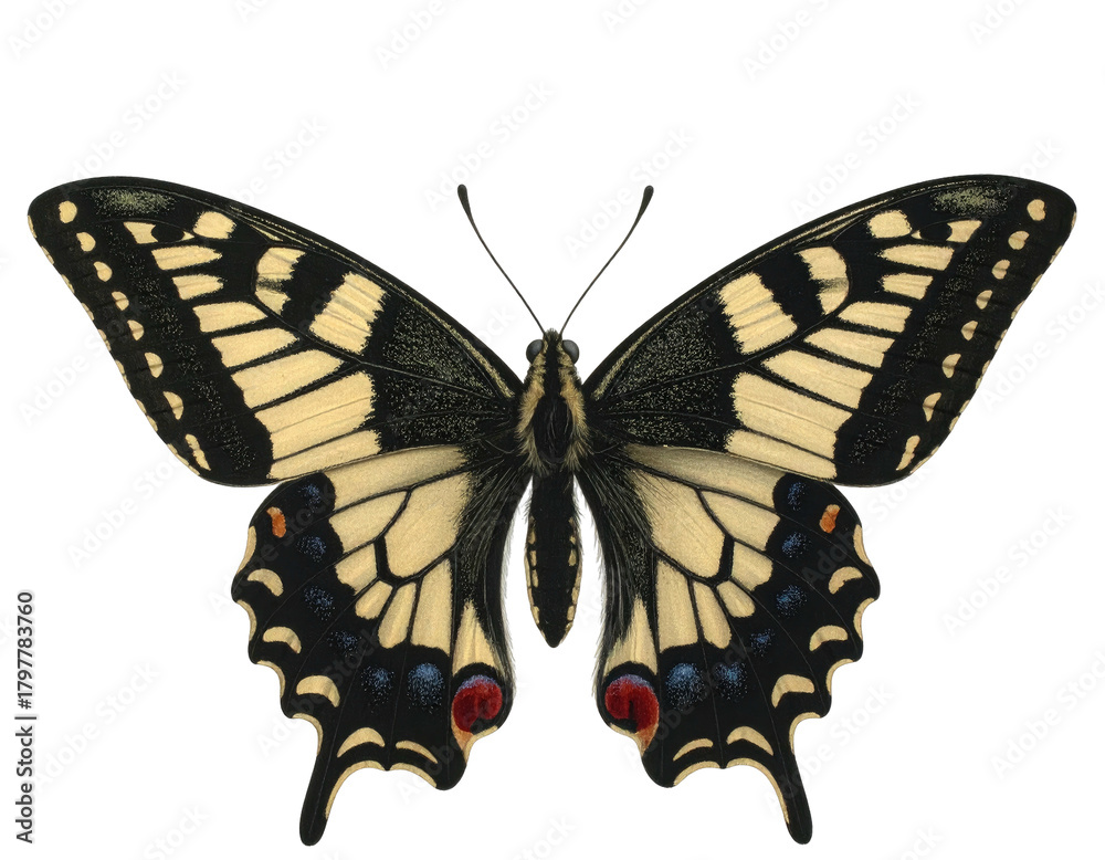 Obraz premium Intricate macro shot of a swallowtail butterfly displaying its striking black, yellow, and blue wing patterns