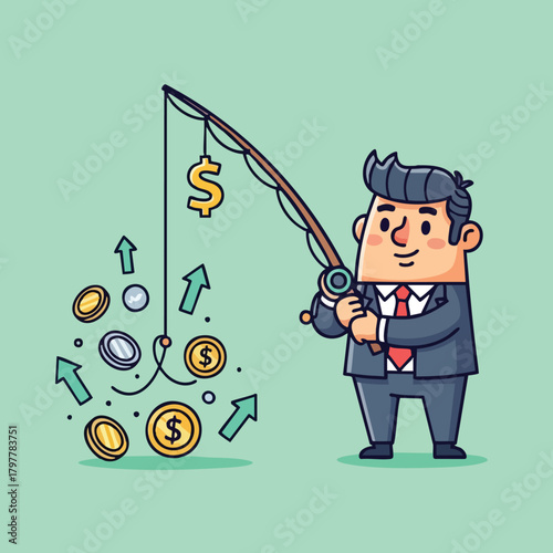 Cartoon businessman cleverly fishing for currency and financial growth opportunities with a fishing rod and bait