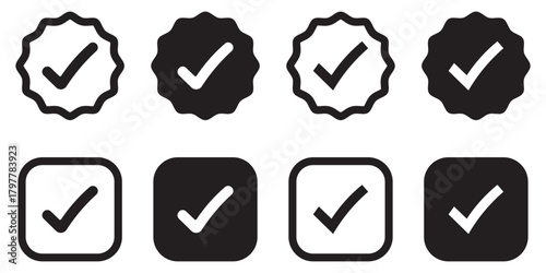 Check mark icons set. Checkmark vector icon collection. Checked icon or correct choice sign. Check mark or checkbox icon vector. Approved symbol, checked checkbox mark set editable line.