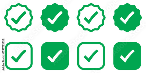 Check mark icons set. Checkmark vector icon collection. Checked icon or correct choice sign. Check mark or checkbox icon vector. Approved symbol, checked checkbox mark set editable line.