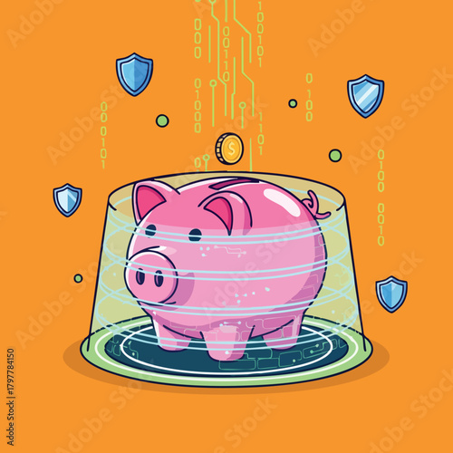 Secure digital piggy bank with glowing circuits and protection shields depicting financial technology and online savings