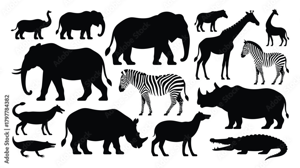 Obraz premium Majestic African wildlife silhouettes creating a captivating safari scene perfect for educational projects or stylish decor with elephants, zebra, giraffe, rhino