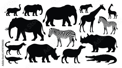 Majestic African wildlife silhouettes creating a captivating safari scene perfect for educational projects or stylish decor with elephants, zebra, giraffe, rhino