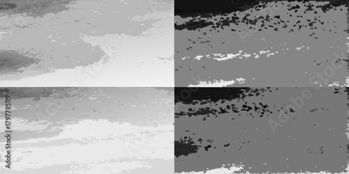 Abstract grayscale textured background with four distinct quadrants showing varied tonal and textural patterns