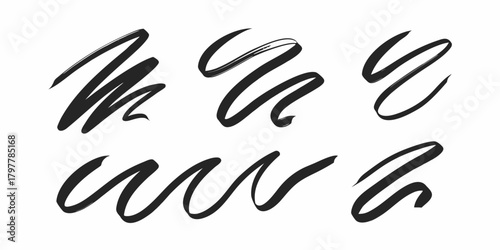 Collection of six abstract black brush stroke elements on a white background