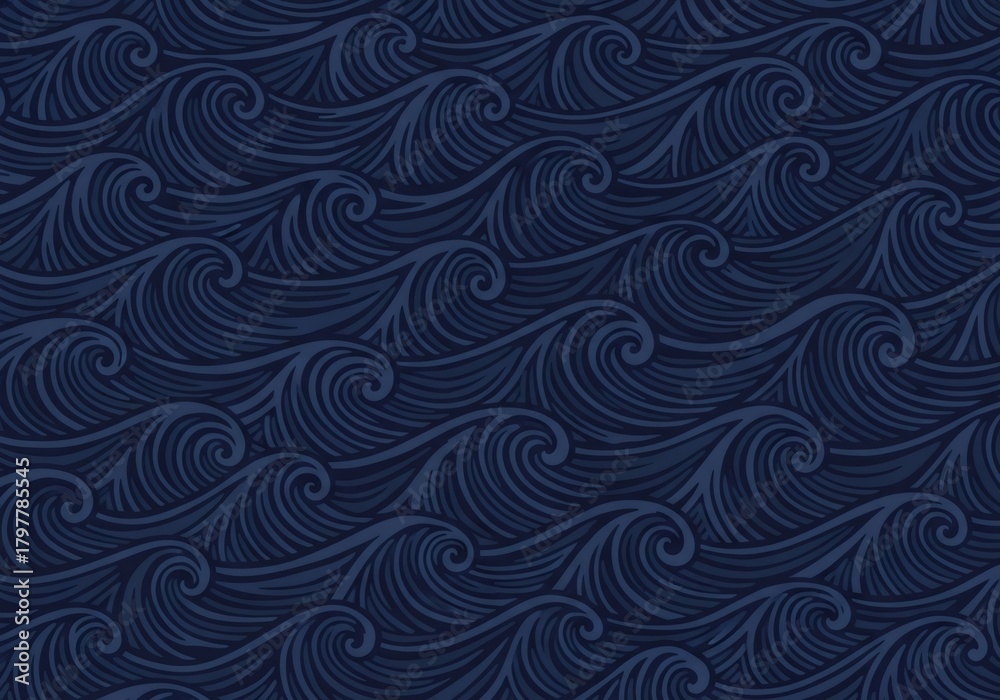 Fototapeta premium Seamless ocean wave pattern. Stylized dark blue wavy background. Nautical texture for textile, wallpaper, wrapping paper, or digital design.