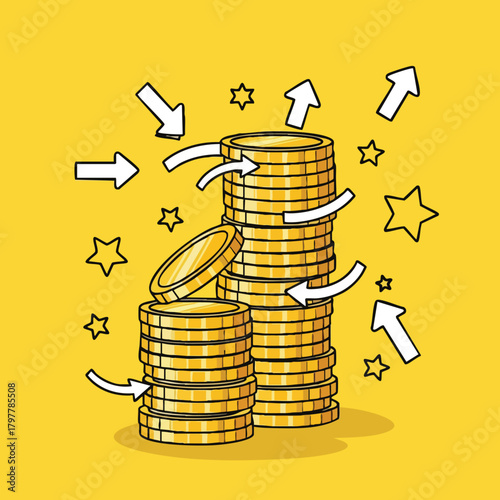 Illustrative depiction of escalating monetary value and financial gain signified by abundant coins and directional arrows