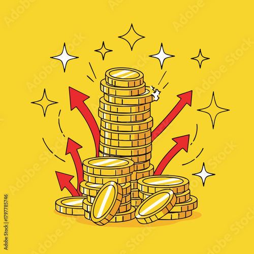 Illustrative representation of financial growth and abundant wealth depicted through stacks of golden coins and upward trending arrows against a