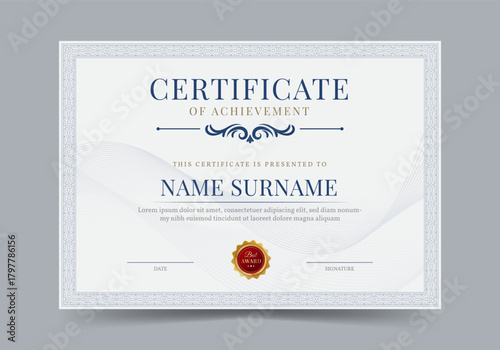 Certificate of achivement diploma with badge vector template