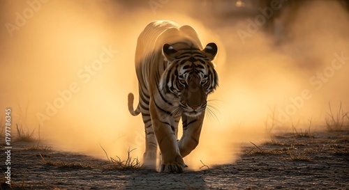 Big striped Bengal tiger predator in the misty woods in the morning