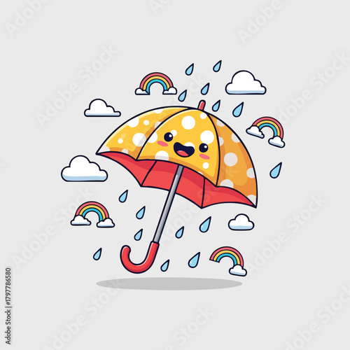 Whimsical kawaii umbrella enjoying a colorful rainbow rainy day surrounded by fluffy clouds