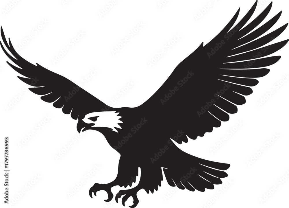 Fototapeta premium Silhouette of a bald eagle in flight with wings spread wide and talons extended downwards flying also transparent background