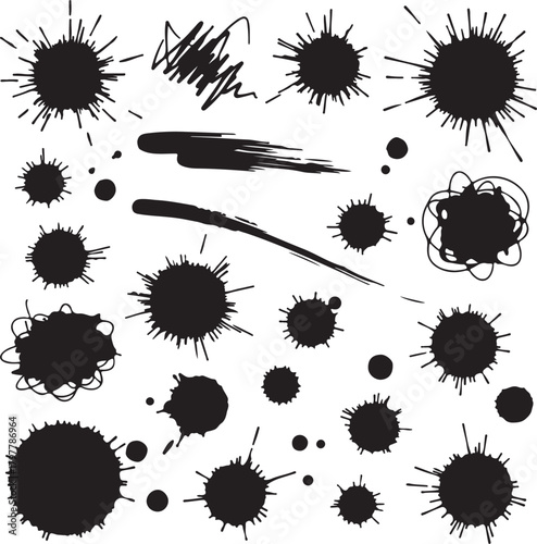 Collection of Black Ink Splatter and Brush Stroke Elements on White Background ink blot paint splash also transparent background