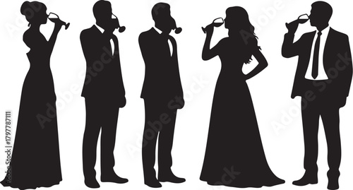 Silhouettes of five elegantly dressed people holding wine glasses at a formal event on a white background Keywords: silhouettes, people, men, women, formal wear, also transparent background