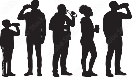 Silhouettes of People of Different Ages Drinking from Bottles and Cups on White Background child adult also transparent background