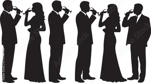 Silhouettes of Men and Women in Formal Attire Drinking from Glasses on White Background people formal wear also transparent background