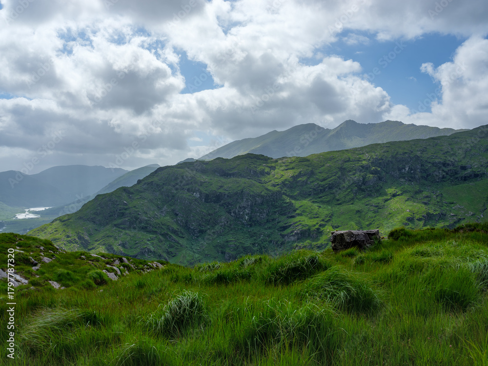 Fototapeta premium There's a beautiful view of the mountains and plants in Gap of Dunloe, County Kerry, Ireland.