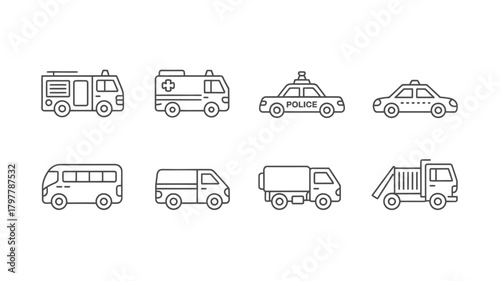 Essential city vehicles outlined for urban planning and community safety projects needing firetrucks, ambulances, police cars, buses, vans, trucks and garbage trucks