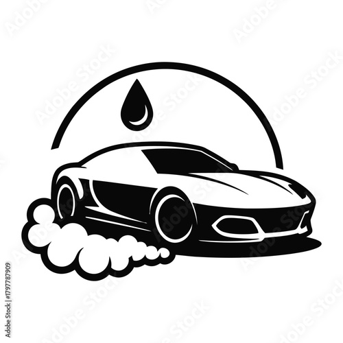 Sleek sports car with oil drop, symbolizing automotive maintenance and performance