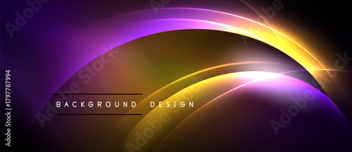 Abstract design features vibrant curves, gradients. Purple, orange, yellow hues blend seamlessly against black backdrop. Modern aesthetic.