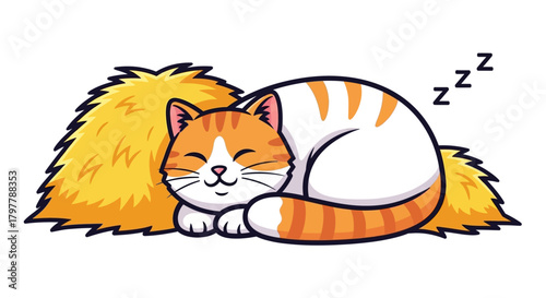 Cute Cartoon Cat Sleeping Comfortably on a Bed of Hay