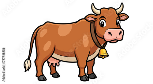 Cartoon Cow Illustration Smiling Brown Dairy Cow with Bell and Horns Vector Graphic