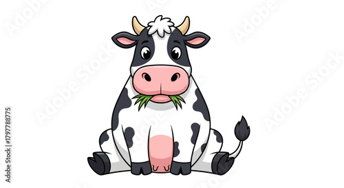 Cute Cartoon Cow Sitting and Chewing Grass Isolated on White Background