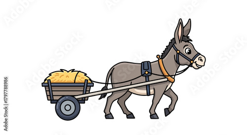 Cartoon Donkey Pulling a Hay Cart on White Background