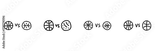 Basketball Versus Icon Set In Doodle Style. Sports Competition And Team Matchup Outline Sketch Collection. Hand Drawn Isolated Vector Illustration