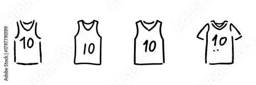 Sports Jersey Line Icon Set In Doodle Style. Athletic Apparel, Team Uniforms, And Sportswear Design Outline Sketch Collection. Hand Drawn Isolated Vector Illustration