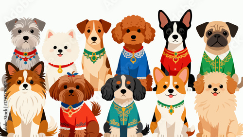 A collection of various cute puppies, with cartoon hand-drawn vector illustrations