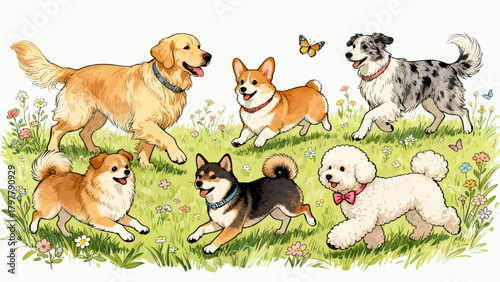 A collection of various cute puppies, with cartoon hand-drawn vector illustrations