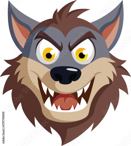 Cartoon werewolf head vector with goofy expression sharp teeth big yellow eyes smiling wolf monster mascot fun Halloween creature illustration in bold flat style