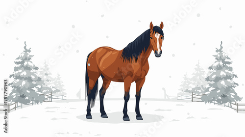 Horse in snowy paddock with pine trees winter landscape