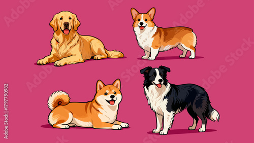 A collection of various cute puppies, with cartoon hand-drawn vector illustrations