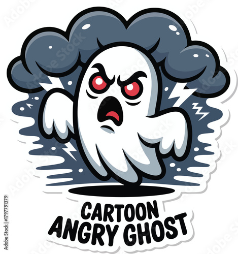 Cartoon angry ghost vector sticker with glowing red eyes amidst stormy clouds and lightning bolts