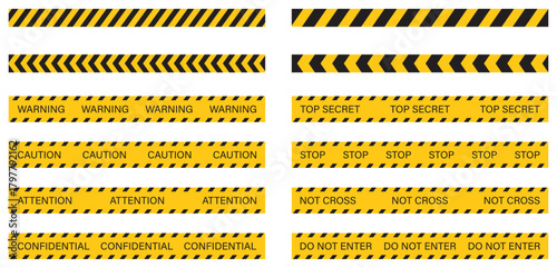 Warning and caution tape icons set. Hazard barrier stripes with text labels for safety. Safety sign, restricted area, construction zone and alert. Isolated vector illustration on white background.
