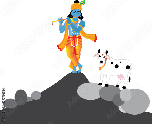 Krishna with Flute and Cow: A celestial figure stands atop a stylized hill, serenading with a flute, alongside a cow, representing devotion and divine music.