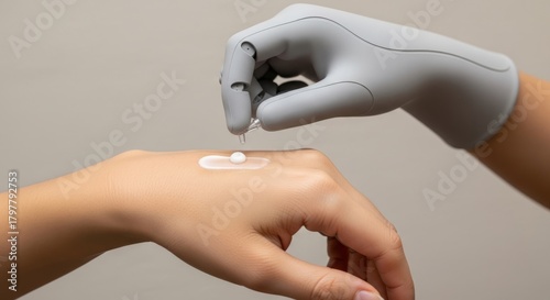 Robotic arm applying cream on a womans hand. AI in beauty industry, innovative skincare technology, and future of cosmetology concept.