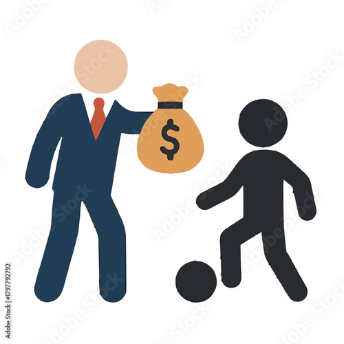 Businessman offers financial support to young athlete with a money bag in a dynamic representation of sponsorship and opportunity.
