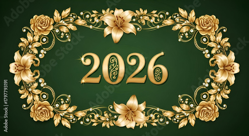 2026 Golden Ornate Frame with Lilies and Roses on Green Background