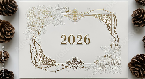 2026 Embossed Floral Border with Pine Cones year number